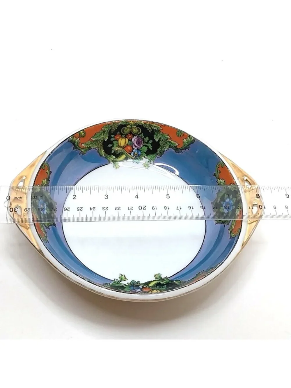 Vintage Noritake Handpainted Double Handle Fruit Serving Bowl Blue Floral Japan